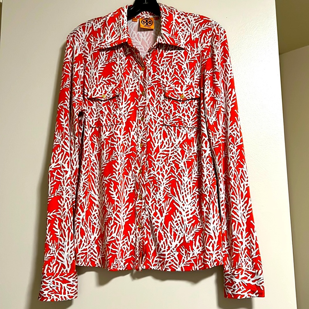 Tory Burch Red and White Button Down Shirt